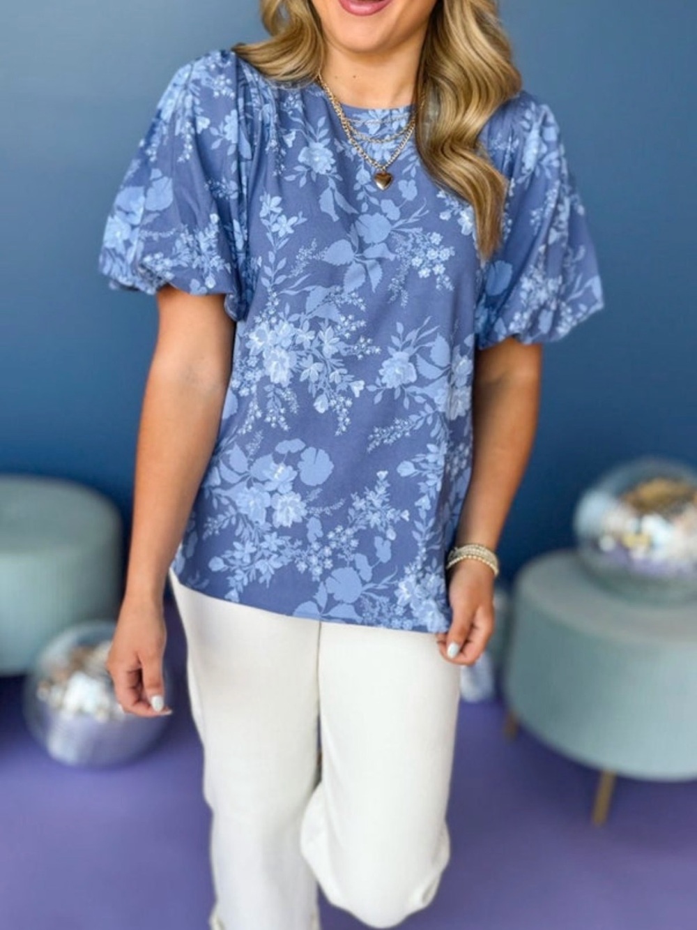 Blue Floral Puff-Sleeve Top - Women